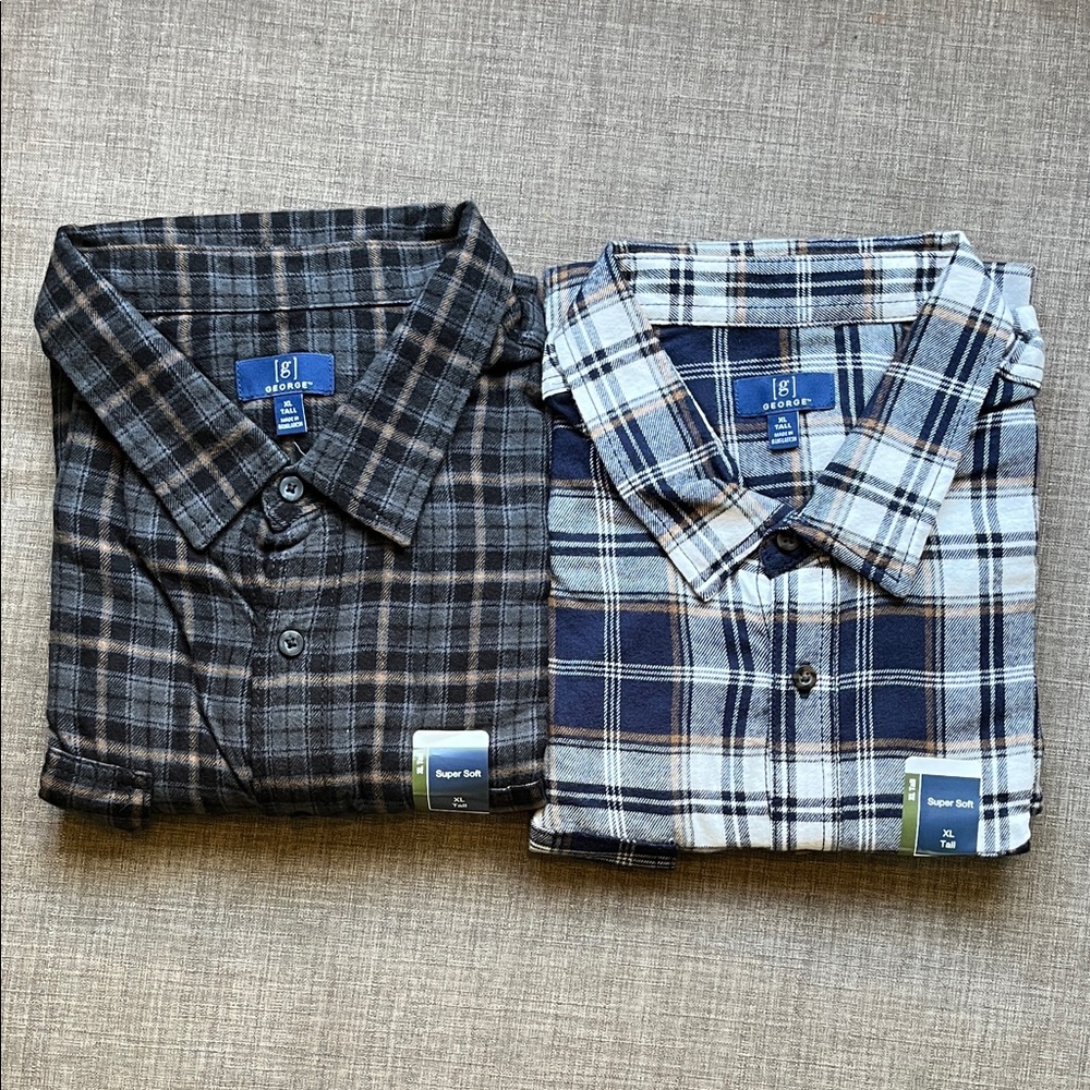 2 Button Down Flannel Plaid Shirts New with tags George Long Sleeve XL Tall